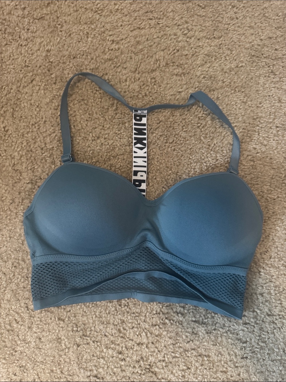 PINK Victoria's Secret Teal Padded Racerback Sports Bra with Mesh Band